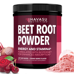 HAVASU NUTRITION beet root powder cherry berry pour for energy support.