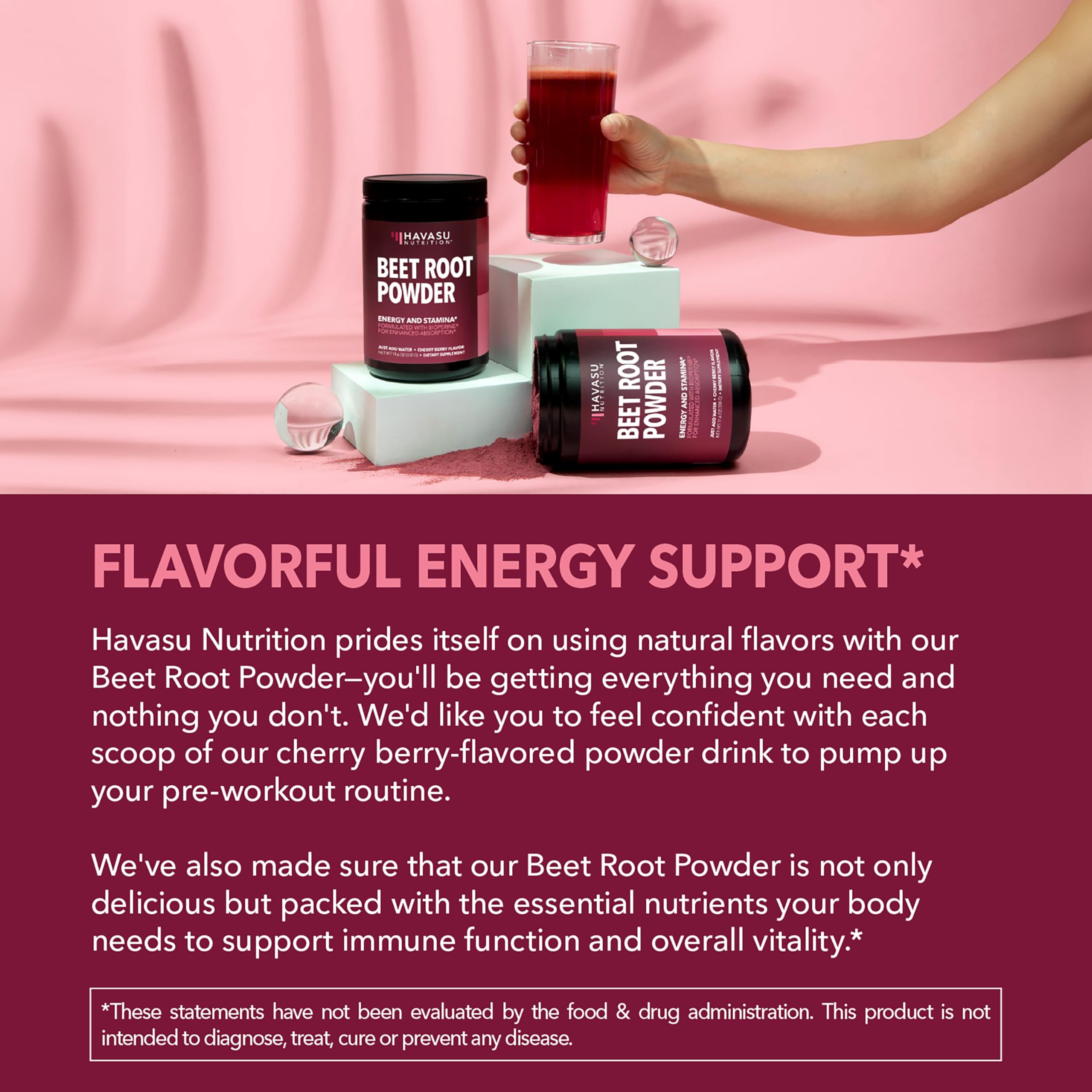 HAVASU NUTRITION beet root powder label shows ingredients and GMP quality.