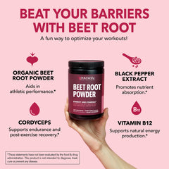 HAVASU NUTRITION beet root powder being stirred into a smoothie for daily vitality.