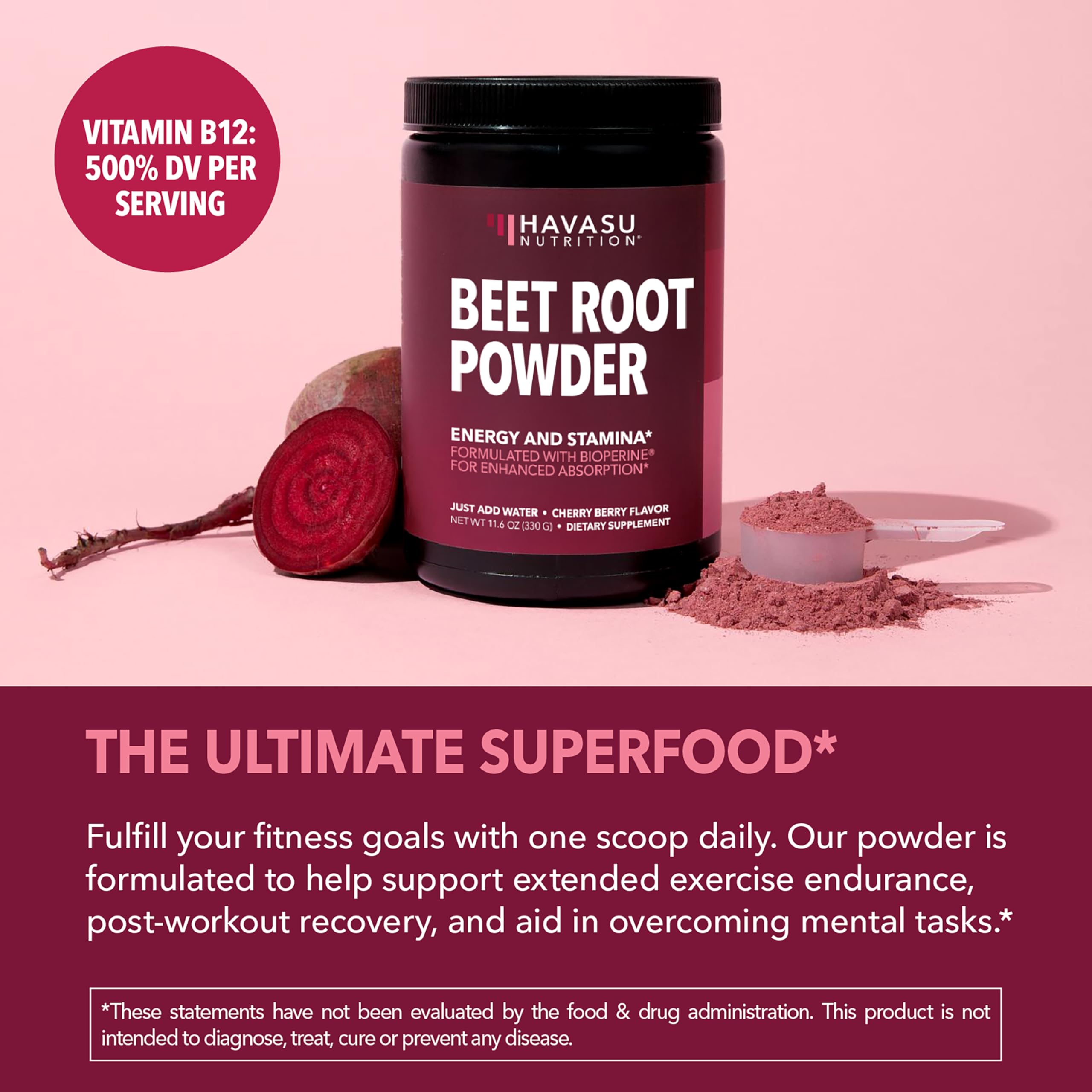 HAVASU NUTRITION beet root powder with Vitamin B12 in a glass for quick energy.