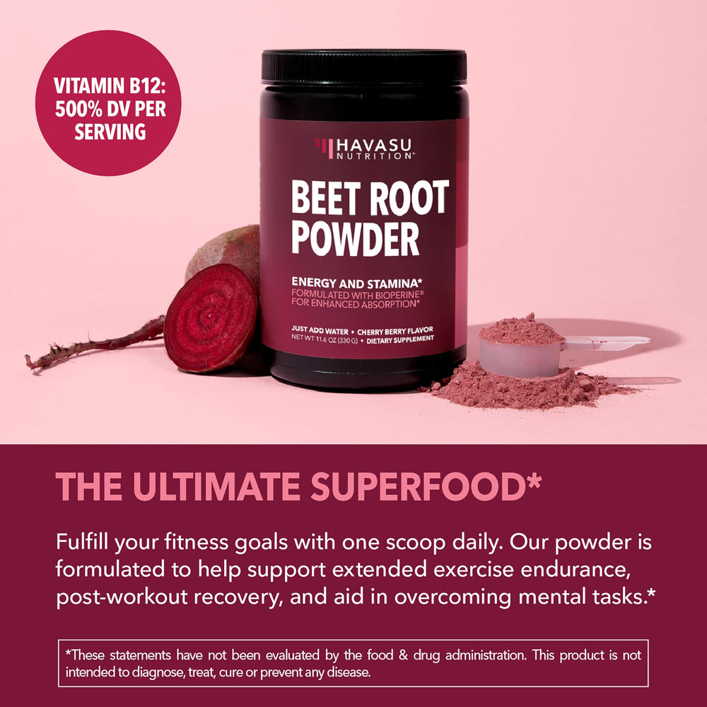 HAVASU NUTRITION beet root powder with Vitamin B12 in a glass for quick energy.
