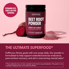 HAVASU NUTRITION beet root powder with Vitamin B12 in a glass for quick energy.