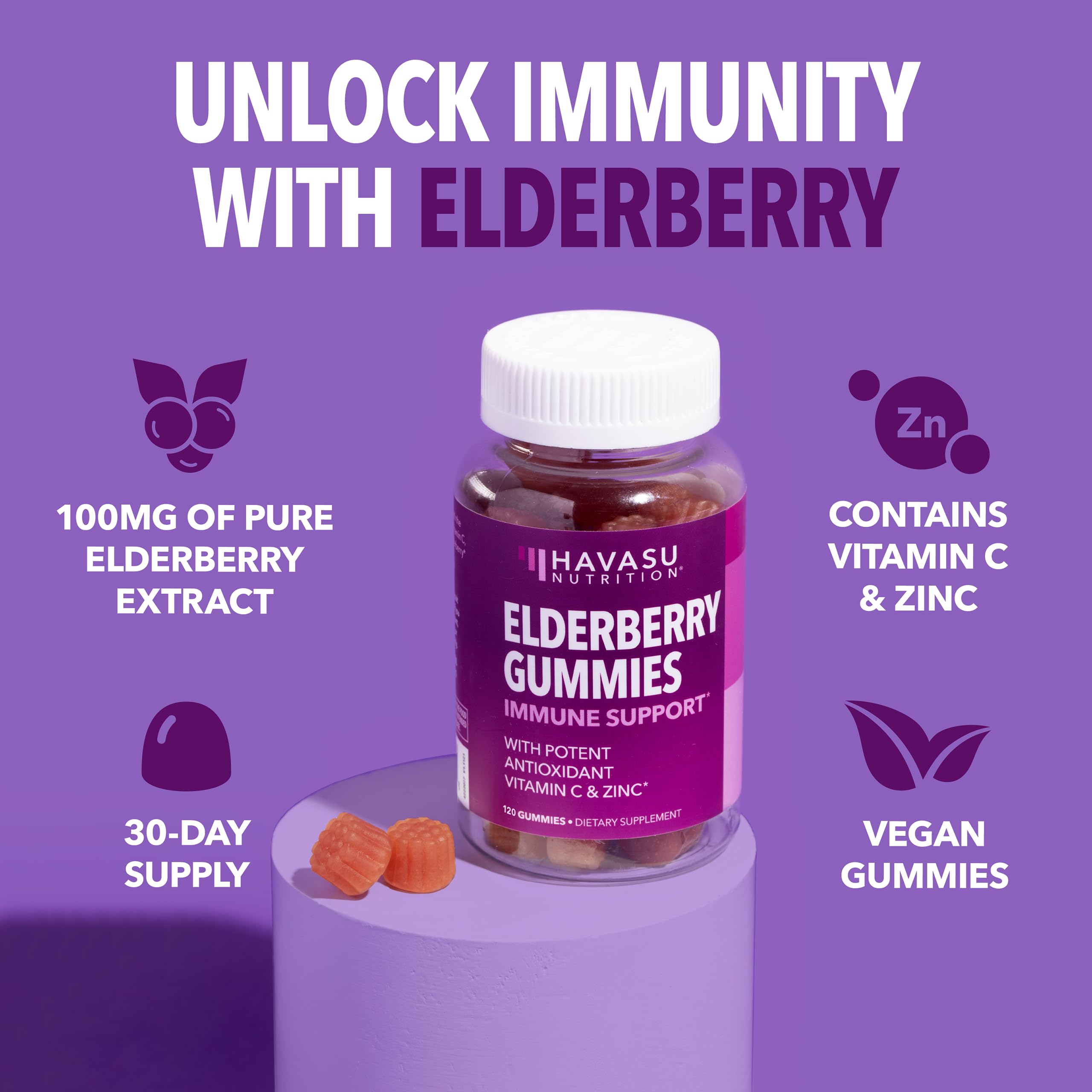 Sambucus elderberry gummies close-up with tasty berry flavor for daily support.