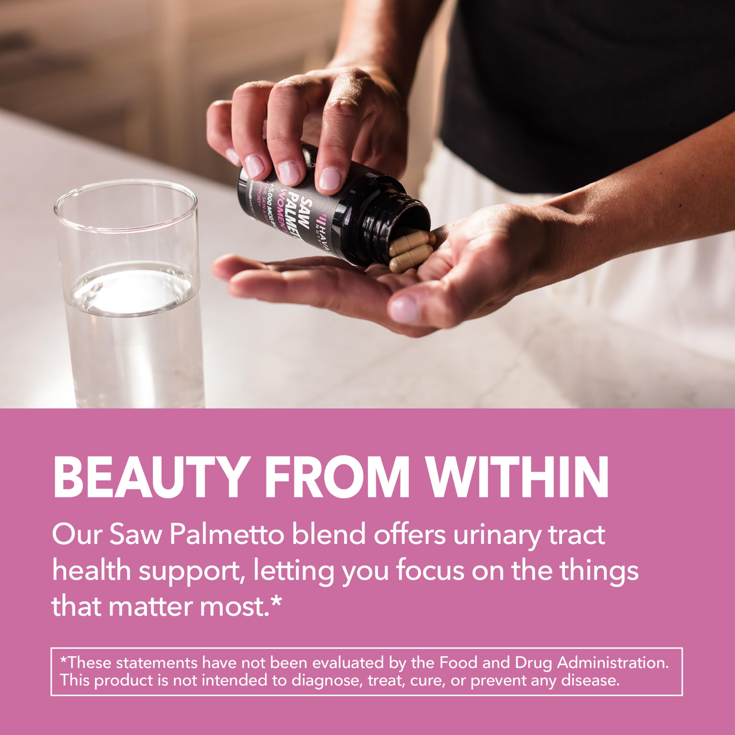 HAVASU NUTRITION capsules pouring into hand for easy daily intake.