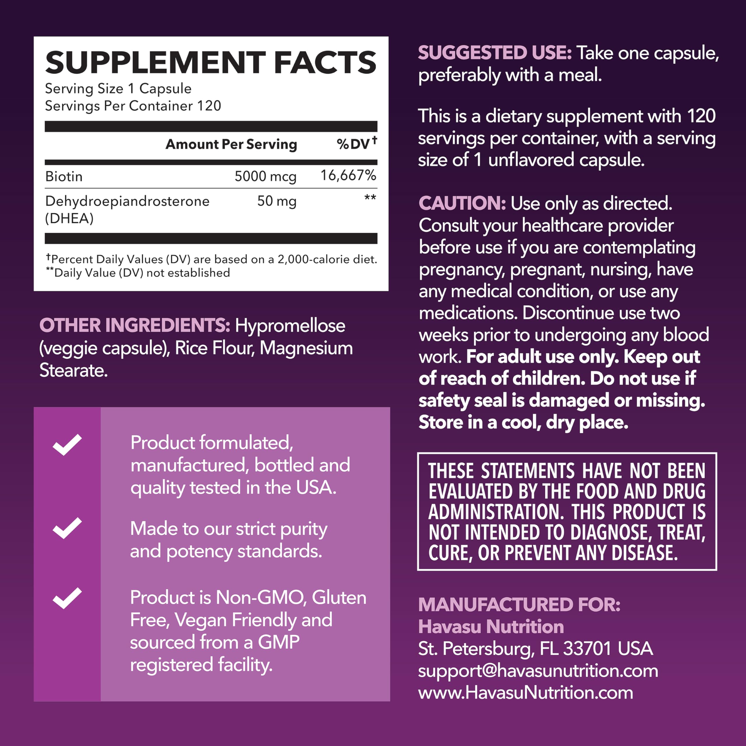 Close-up of HAVASU NUTRITION DHEA Biotin capsules for easy daily use.