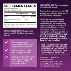 Close-up of HAVASU NUTRITION DHEA Biotin capsules for easy daily use.
