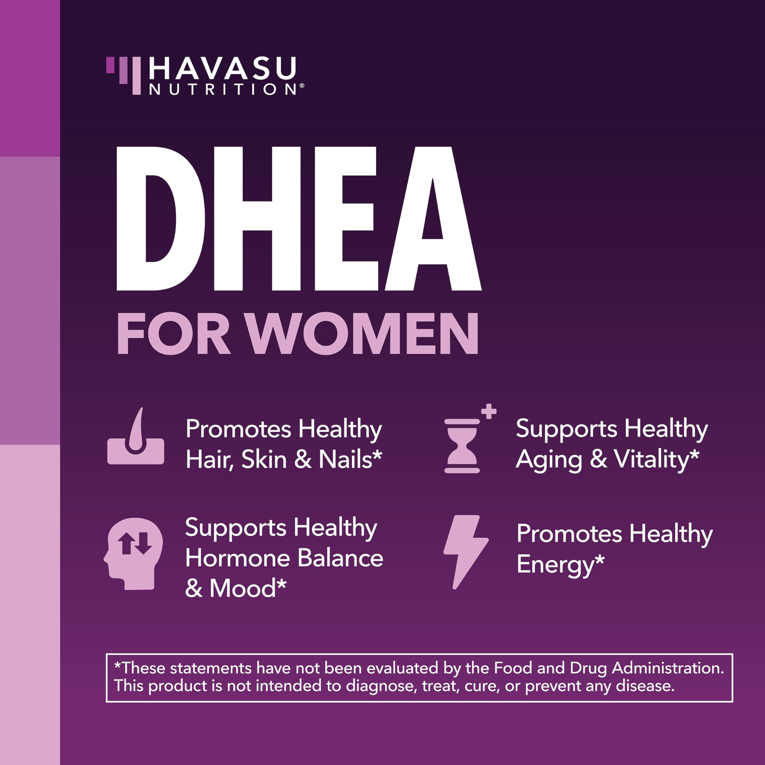 Dose chart on HAVASU NUTRITION DHEA Biotin bottle aids consistent routines.