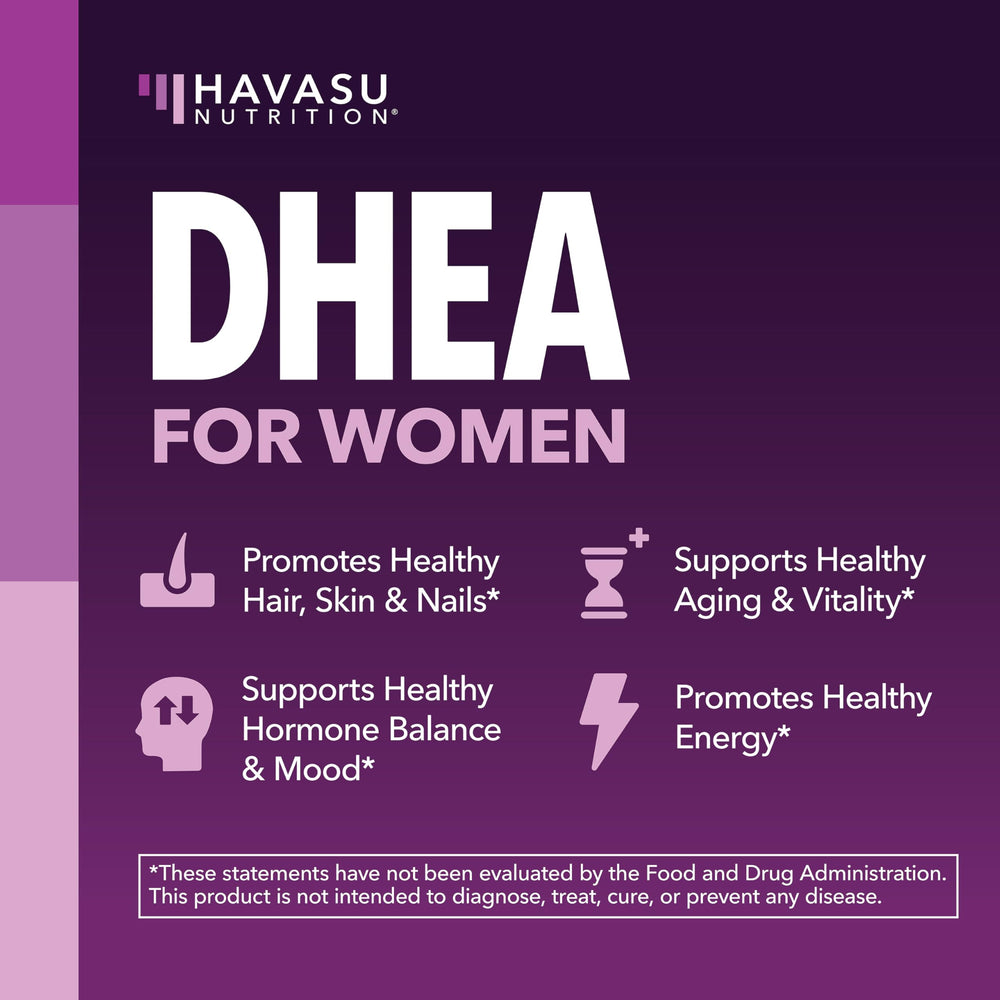 Dose chart on HAVASU NUTRITION DHEA Biotin bottle aids consistent routines.