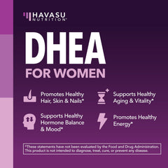 Dose chart on HAVASU NUTRITION DHEA Biotin bottle aids consistent routines.