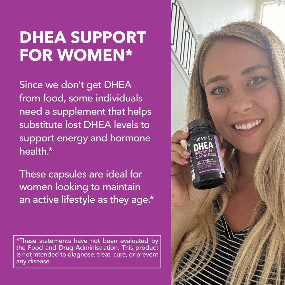 Glass bottle of HAVASU NUTRITION DHEA Biotin conveys quality and purity.