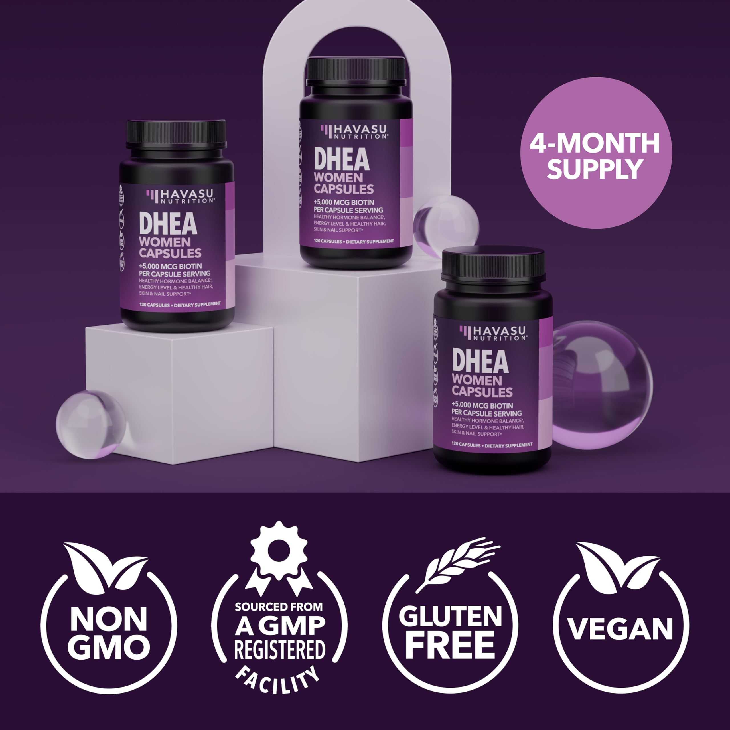 Ingredients panel shows 50 mg DHEA and 5000 mcg Biotin per capsule.