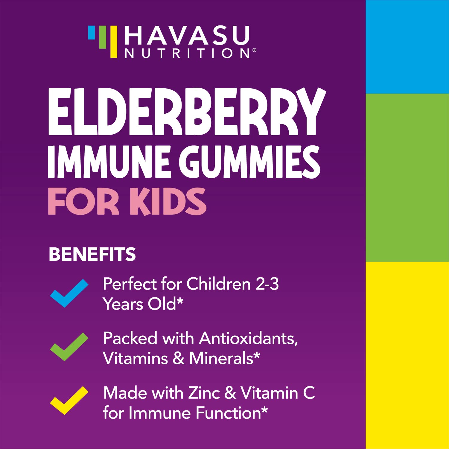 HAVASU NUTRITION Elderberry Kids Gummies berry flavor appealing for children.