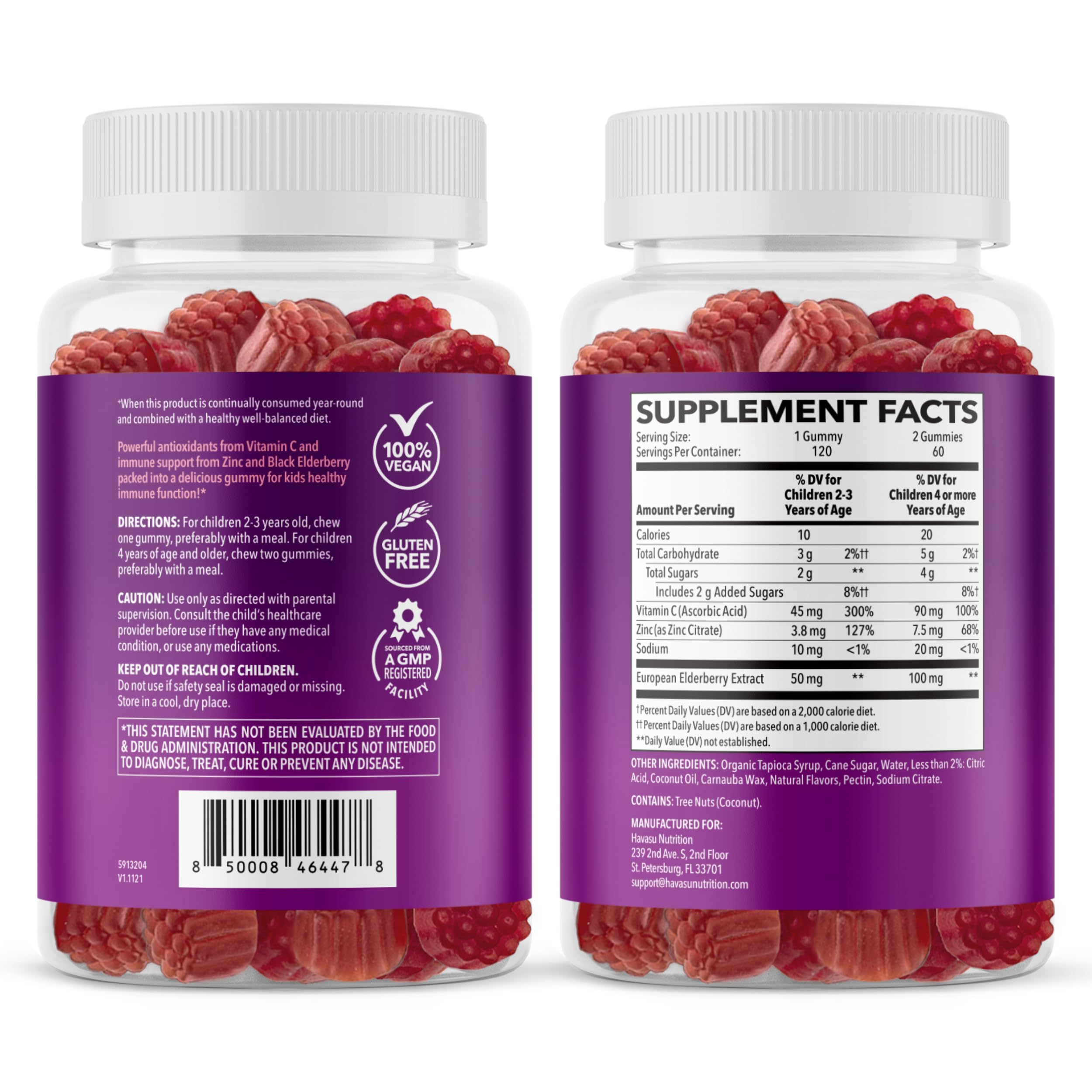 HAVASU NUTRITION Elderberry Kids Gummies packaging showing label and gummies.