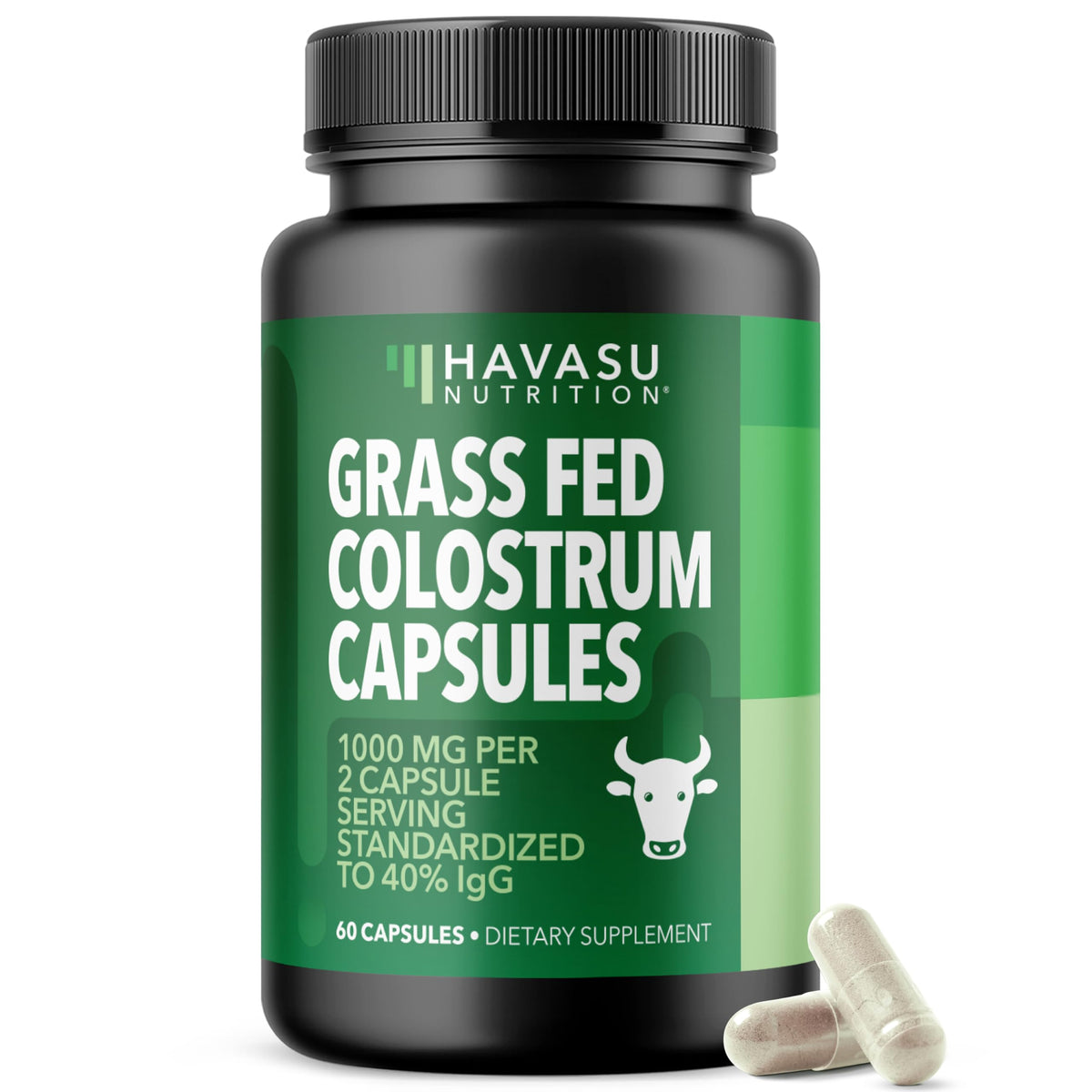 HAVASU NUTRITION grass-fed colostrum bottle front for daily immune support.