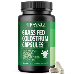 HAVASU NUTRITION grass-fed colostrum bottle front for daily immune support.