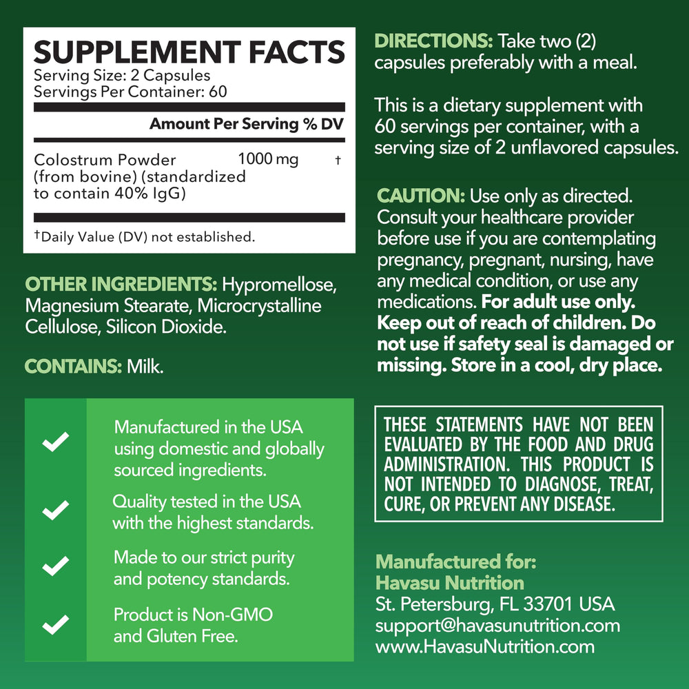 Havasu Nutrition grass-fed colostrum serving size label highlights 1000 mg dosage
