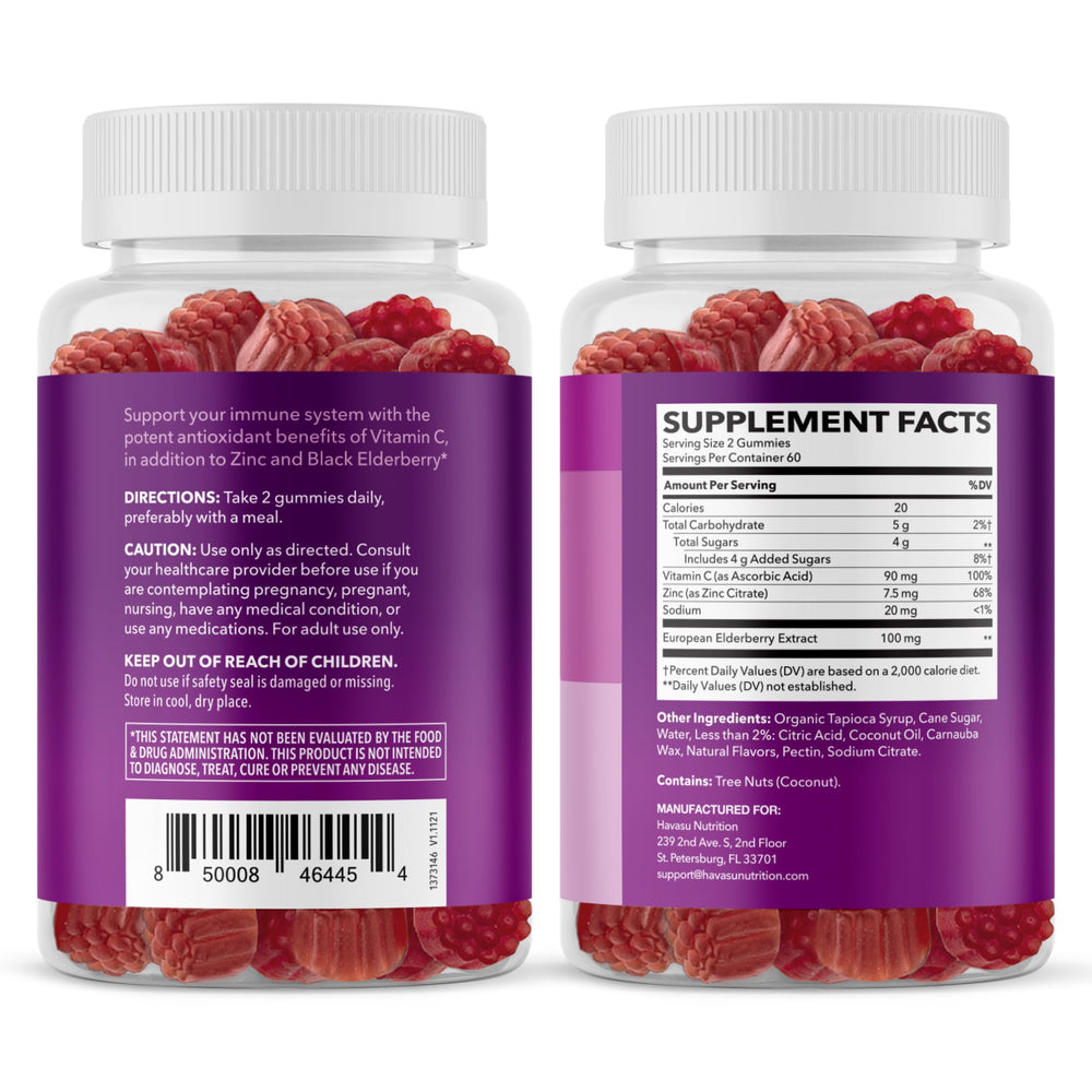 Ingredients panel showing Sambucus elderberry with vitamin C and zinc.
