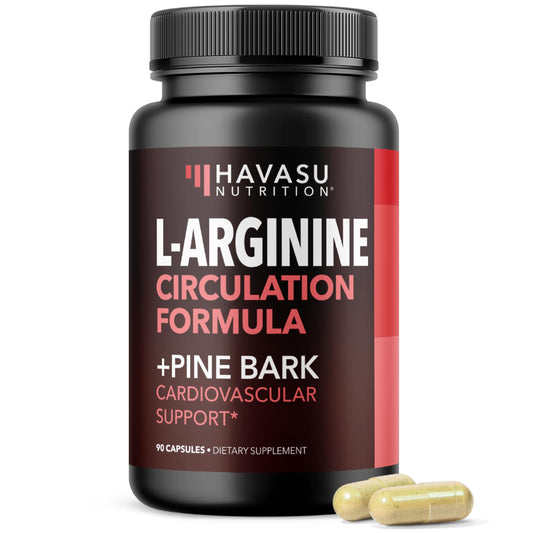 HAVASU NUTRITION bottle shows L-Arginine 1800mg + Pine Bark 100mg for endurance support