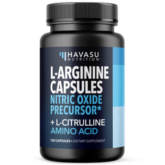HAVASU Nutrition L-Arginine L-Citrulline bottle on gym bench for workout support