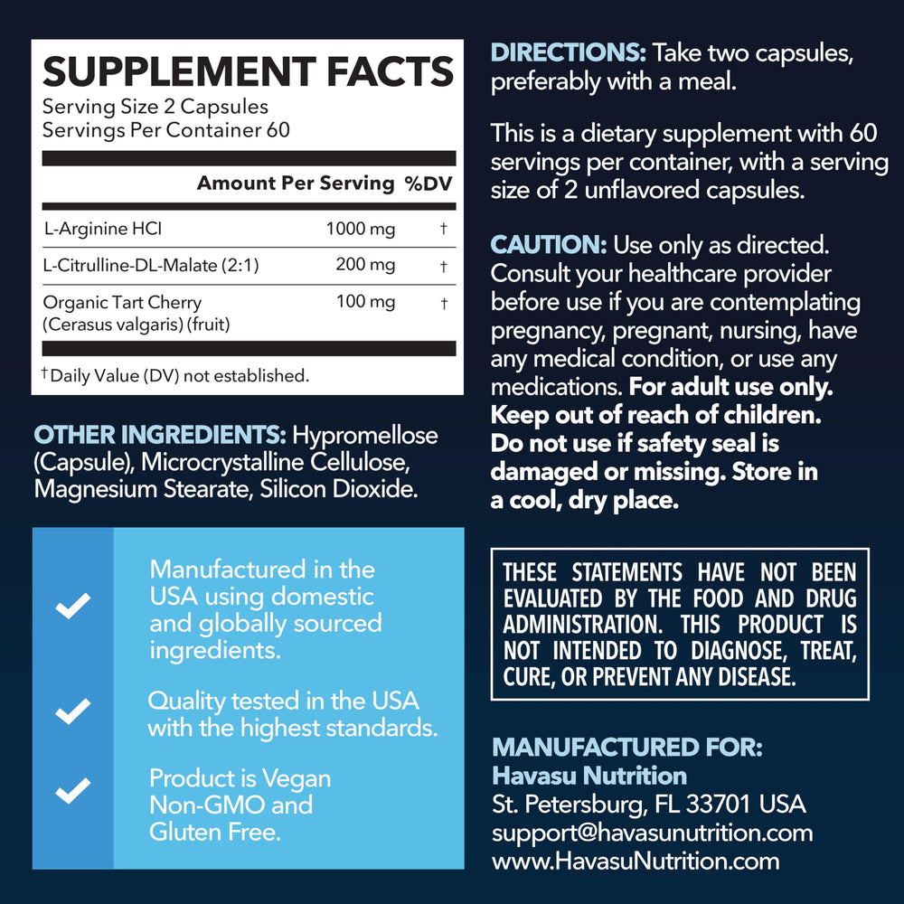 HAVASU Nutrition L-Arginine L-Citrulline capsules closeup promoting daily endurance support