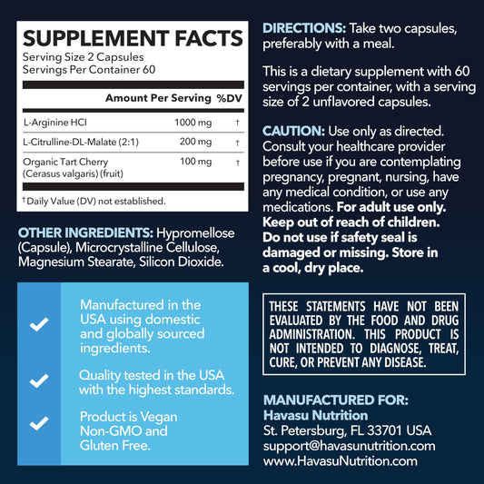 HAVASU Nutrition L-Arginine L-Citrulline capsules closeup promoting daily endurance support