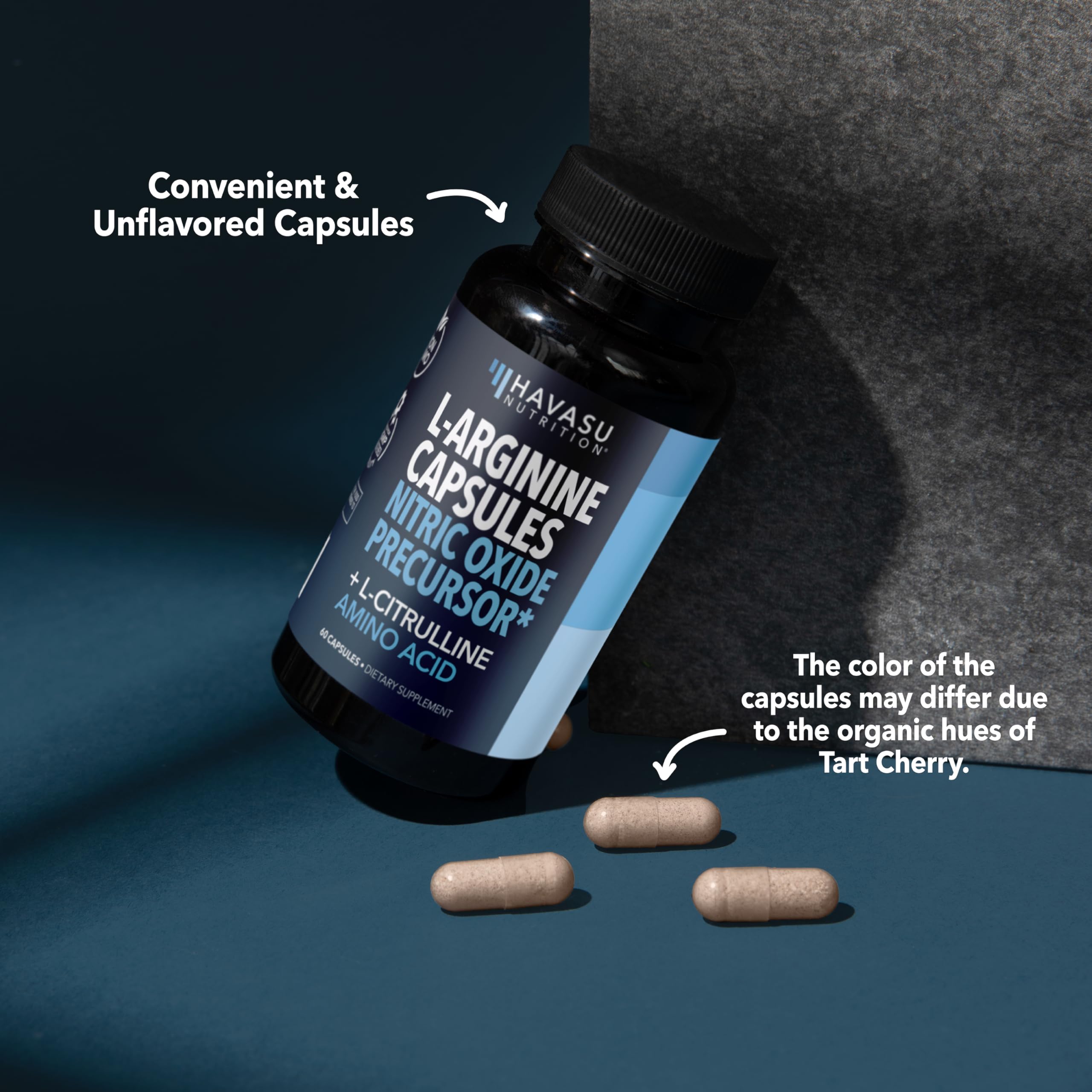HAVASU Nutrition L-Arginine L-Citrulline capsules on a countertop with water