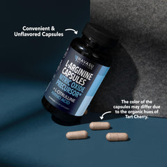 HAVASU Nutrition L-Arginine L-Citrulline capsules on a countertop with water