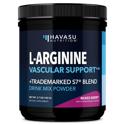 HAVASU NUTRITION L-Arginine Powder bottle with mixed berry flavor supports endurance.