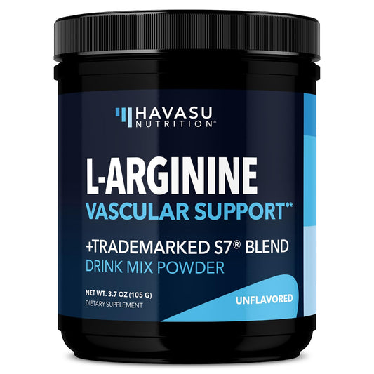 HAVASU NUTRITION L-Arginine Powder bottle showing nitric oxide support for workouts.