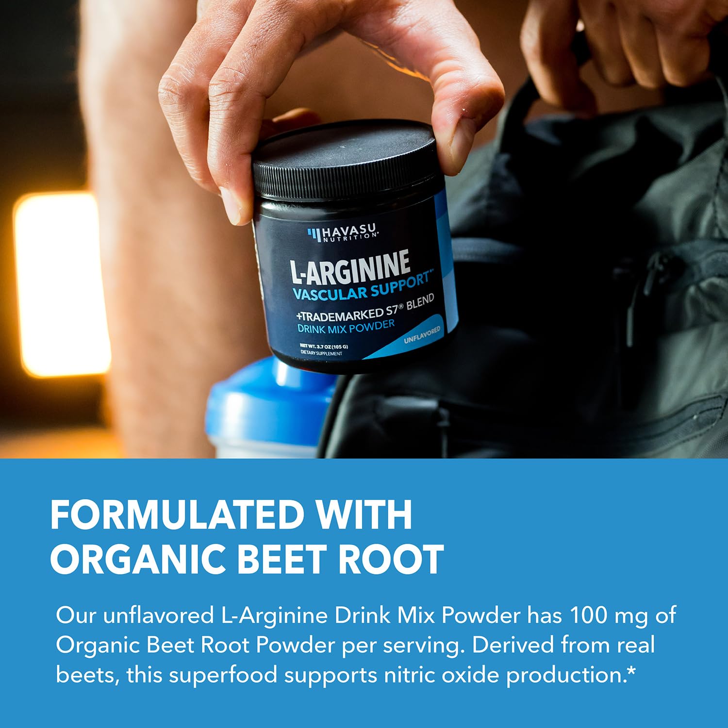 HAVASU NUTRITION L-Arginine Powder label highlights L-Citrulline for enhanced nitric oxide support.
