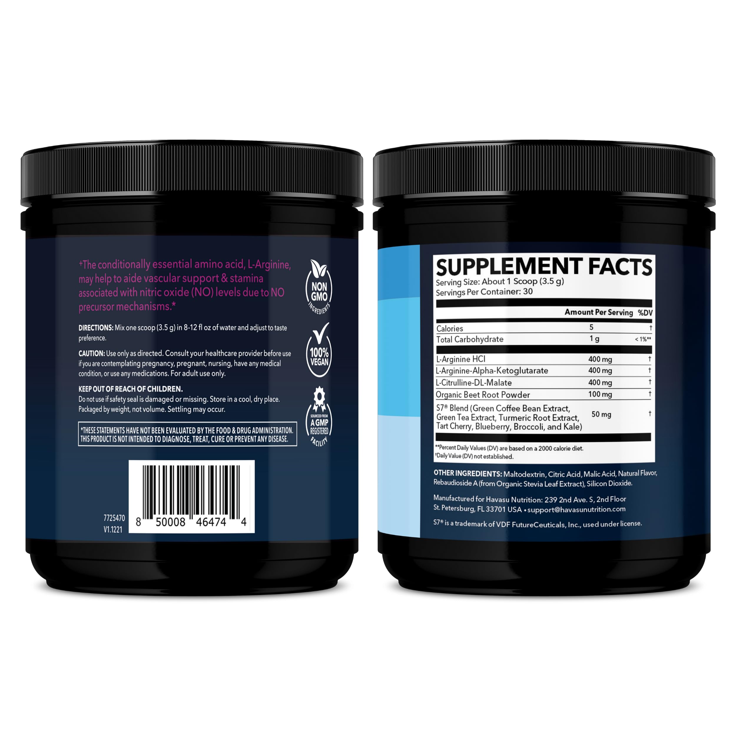 30-scoop HAVASU Nutrition container on a kitchen counter.