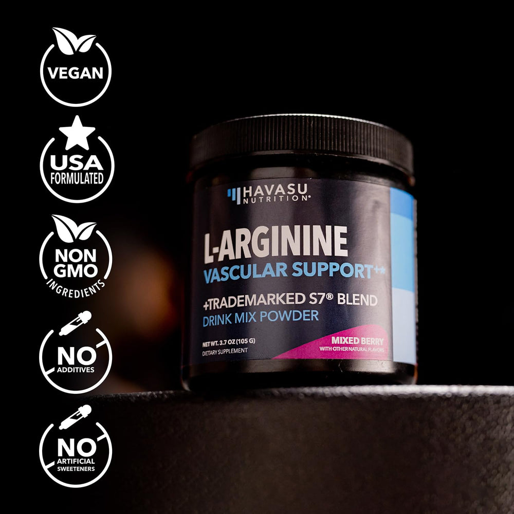 Post-workout recovery scene featuring HAVASU L-Arginine Powder container.