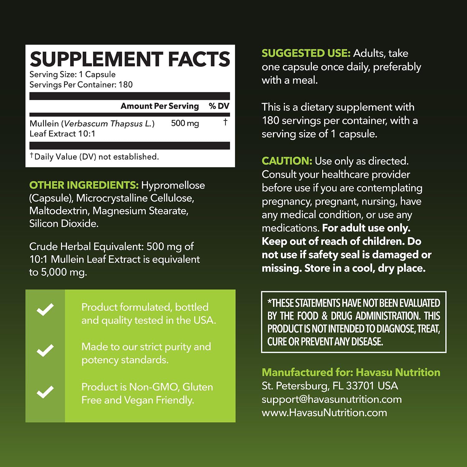 HAVASU Nutrition Mullein Leaf Capsules packaging label showing vegan and non-GMO