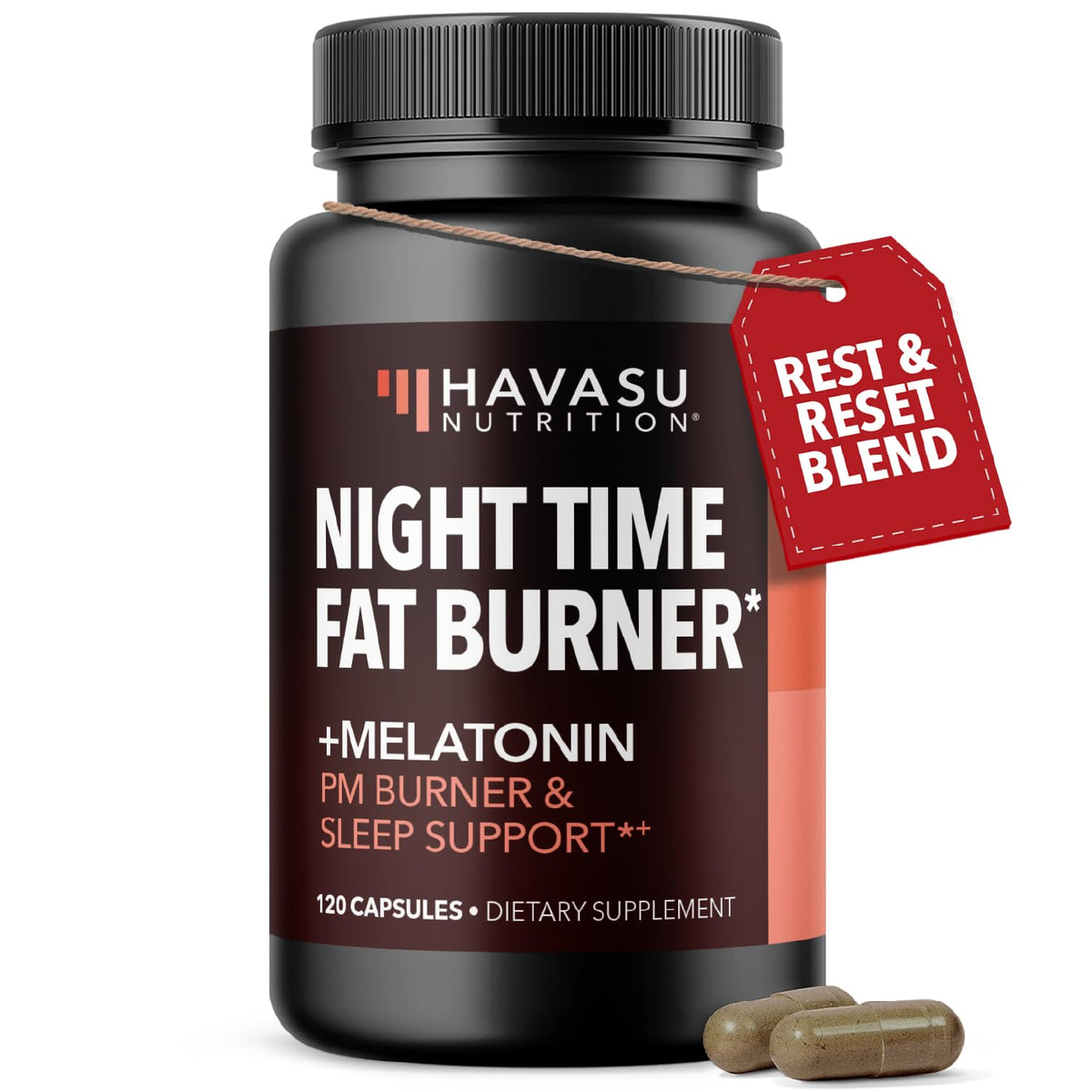HAVASU NUTRITION Night Time Fat Burner bottle shows the label for overnight support.