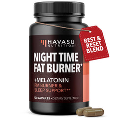 HAVASU NUTRITION Night Time Fat Burner bottle shows the label for overnight support.