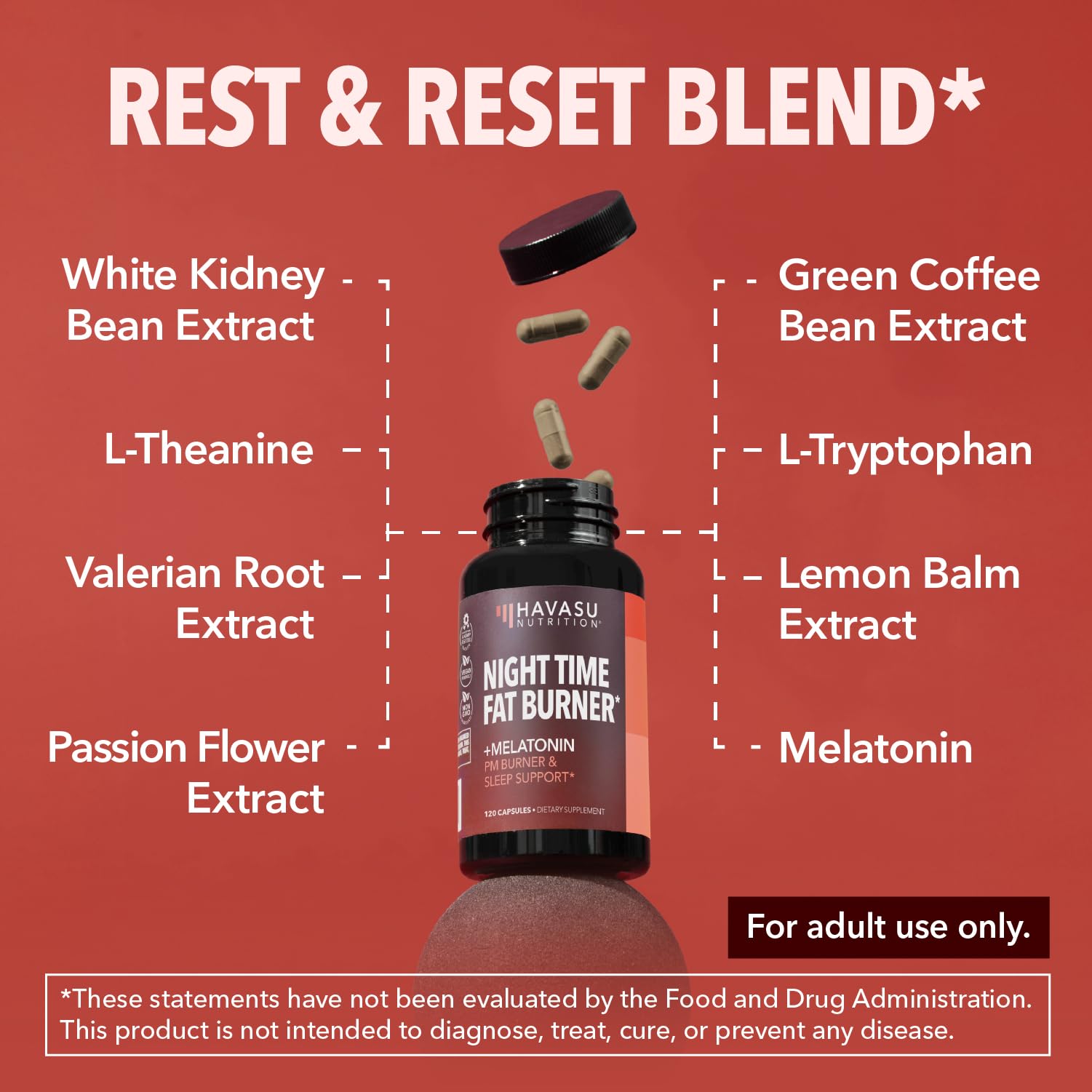 HAVASU NUTRITION Night Time Fat Burner melatonin ingredient close-up signals sleep-friendly formula.
