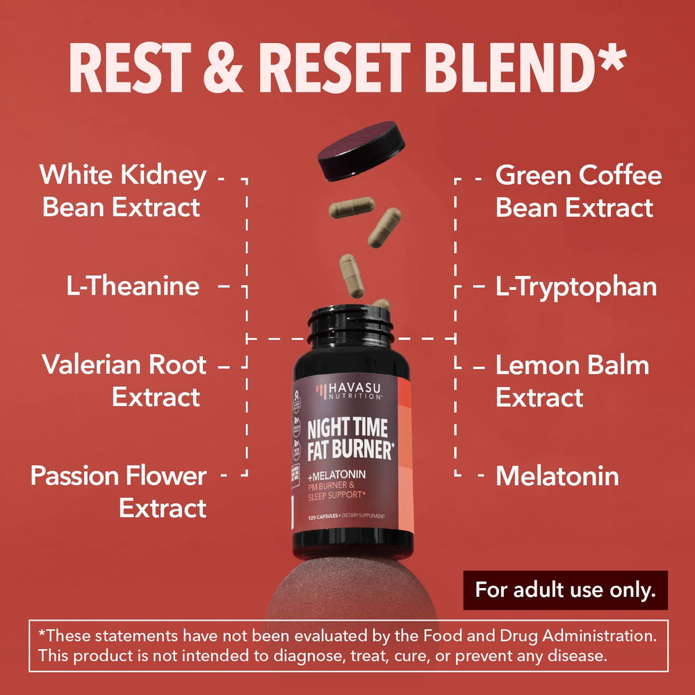 HAVASU NUTRITION Night Time Fat Burner melatonin ingredient close-up signals sleep-friendly formula.