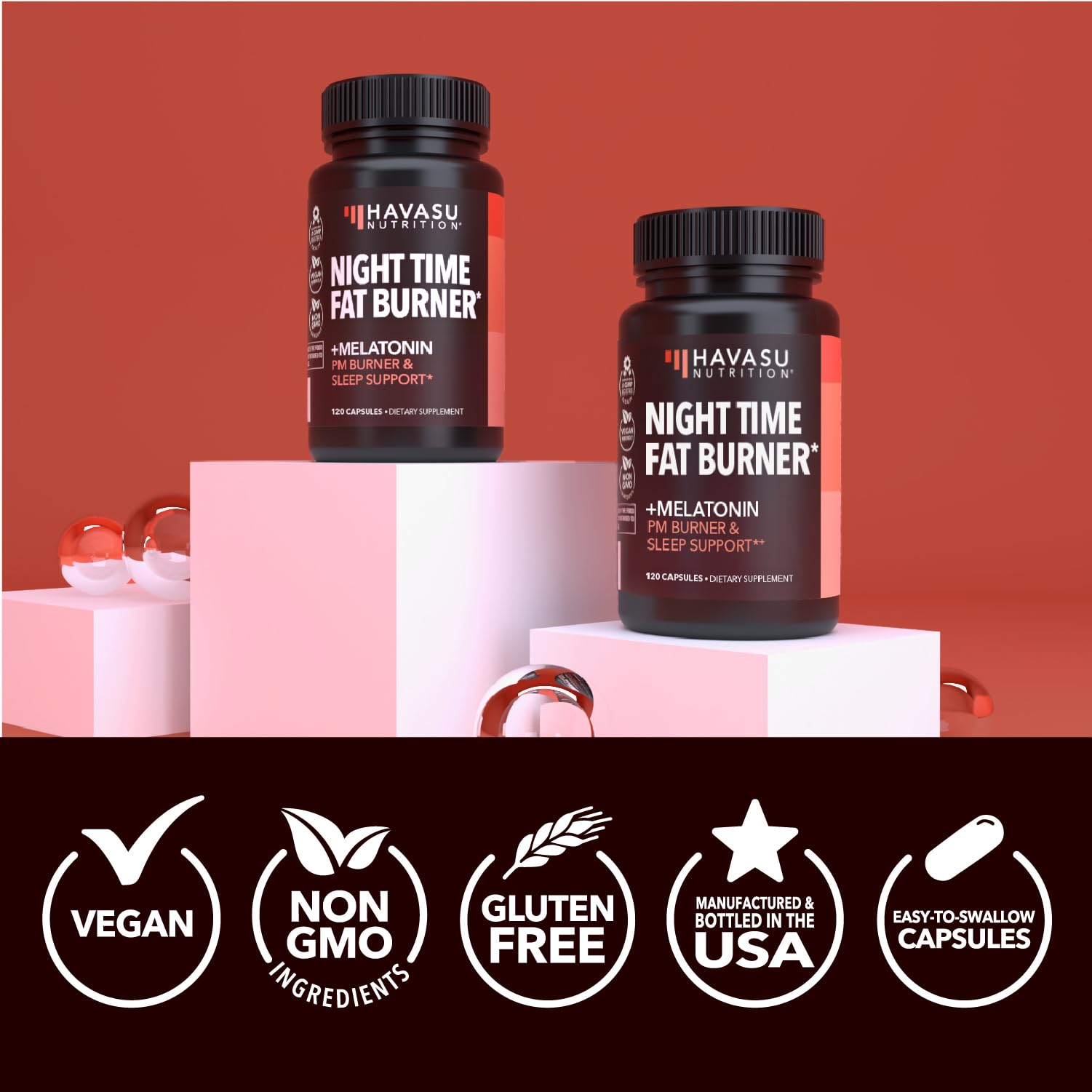 HAVASU NUTRITION Night Time Fat Burner packaging front view for shelf appeal.