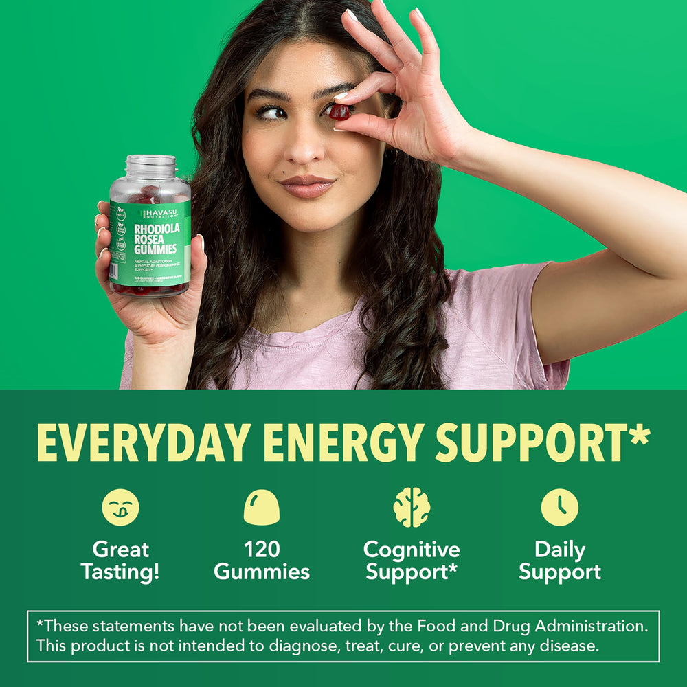 HAVASU NUTRITION Rhodiola Gummies close-up berry captures focus-friendly, mood-supporting chew