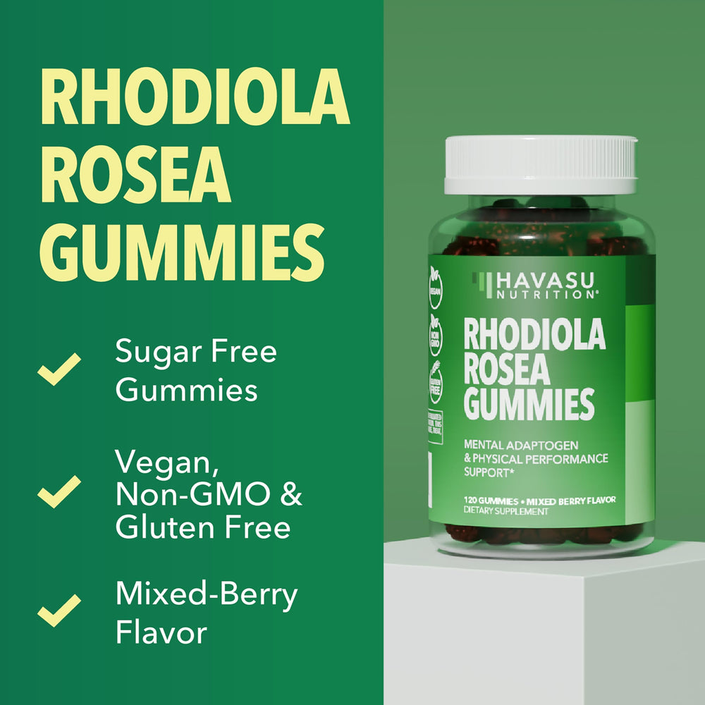 HAVASU NUTRITION Rhodiola Gummies glass bottle on shelf ready for daily use