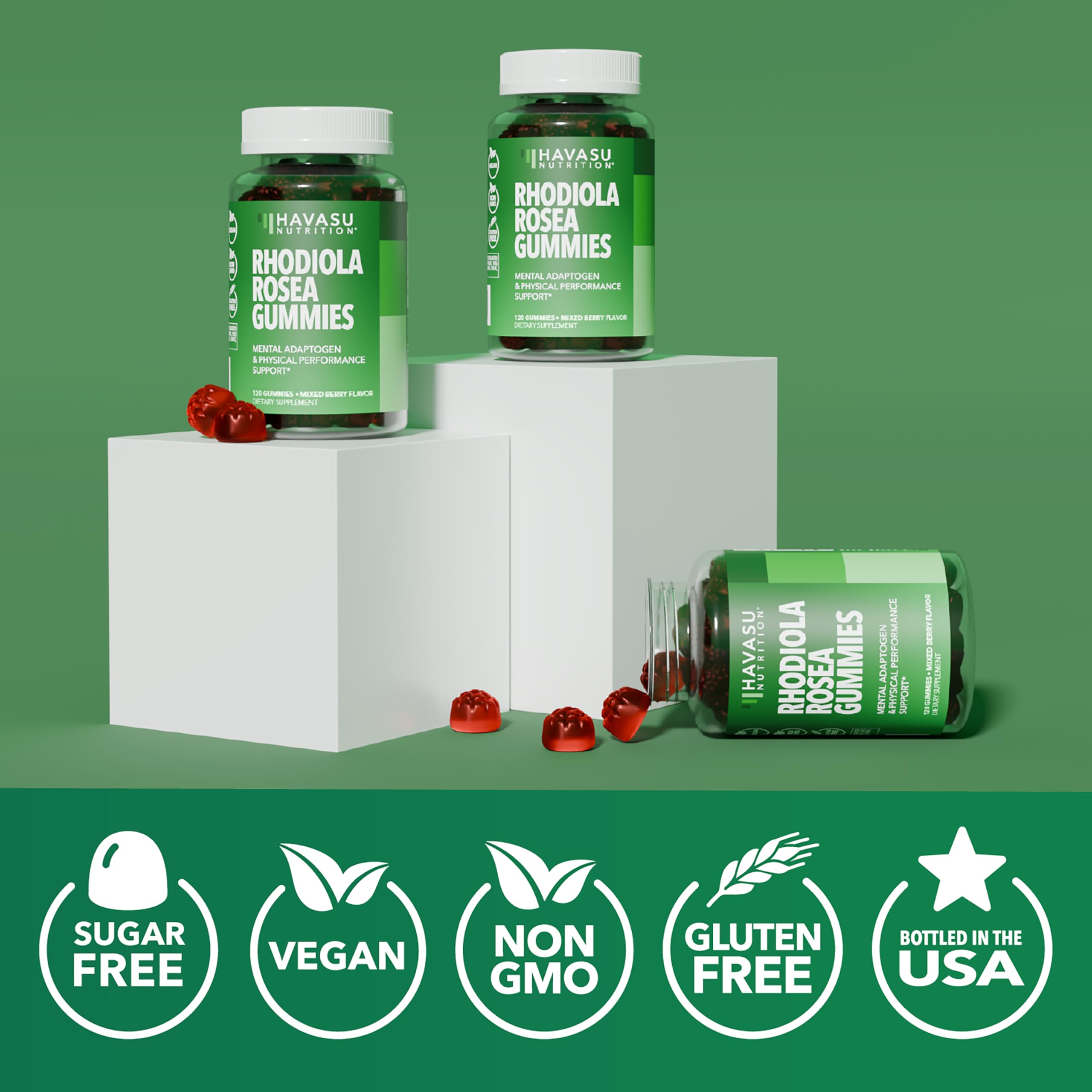HAVASU NUTRITION Rhodiola Gummies ingredients panel emphasizes vegan and non-GMO