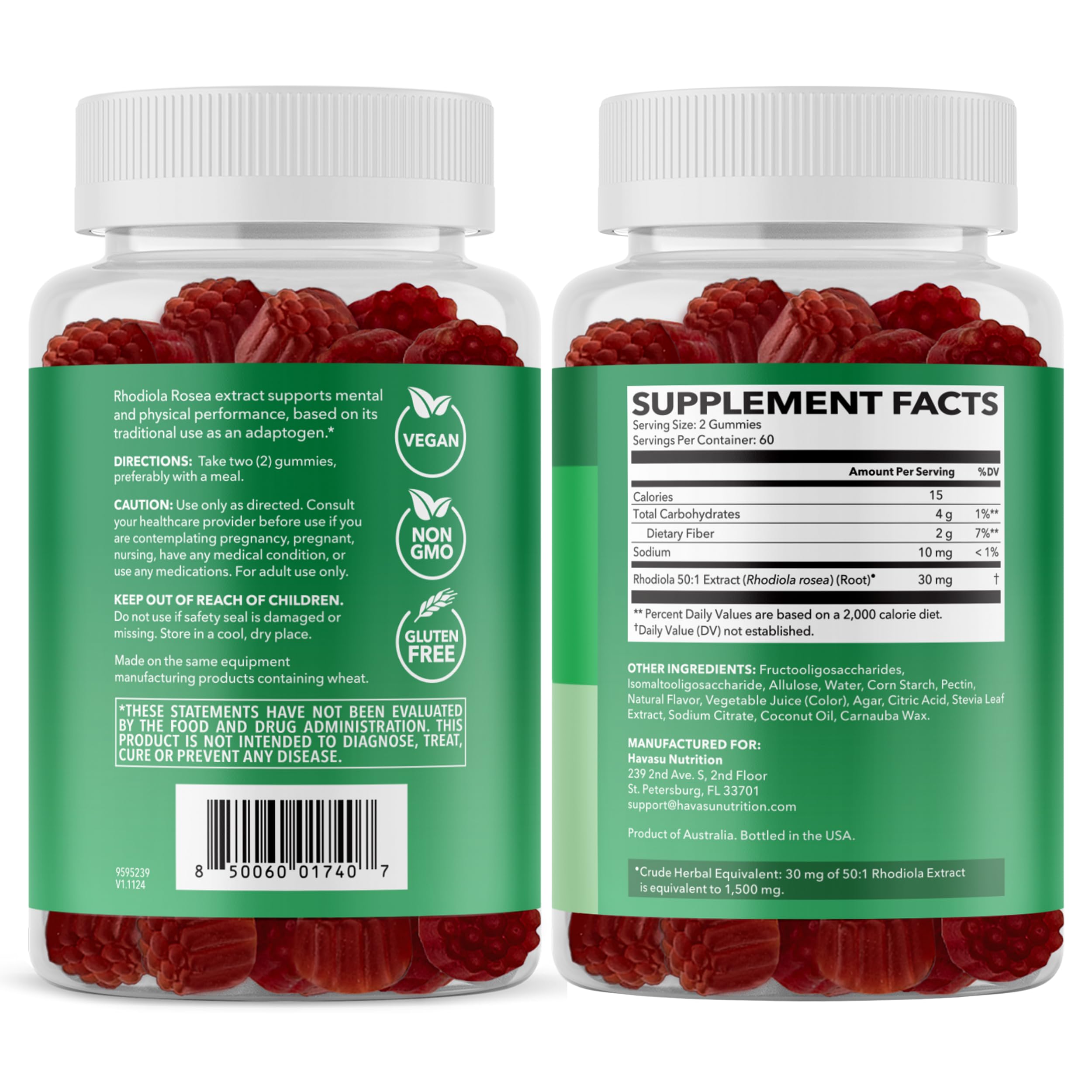 HAVASU NUTRITION Rhodiola Gummies packaging with vegan gluten-free icon communicates safe choice
