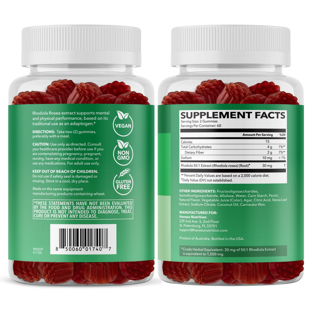 HAVASU NUTRITION Rhodiola Gummies packaging with vegan gluten-free icon communicates safe choice