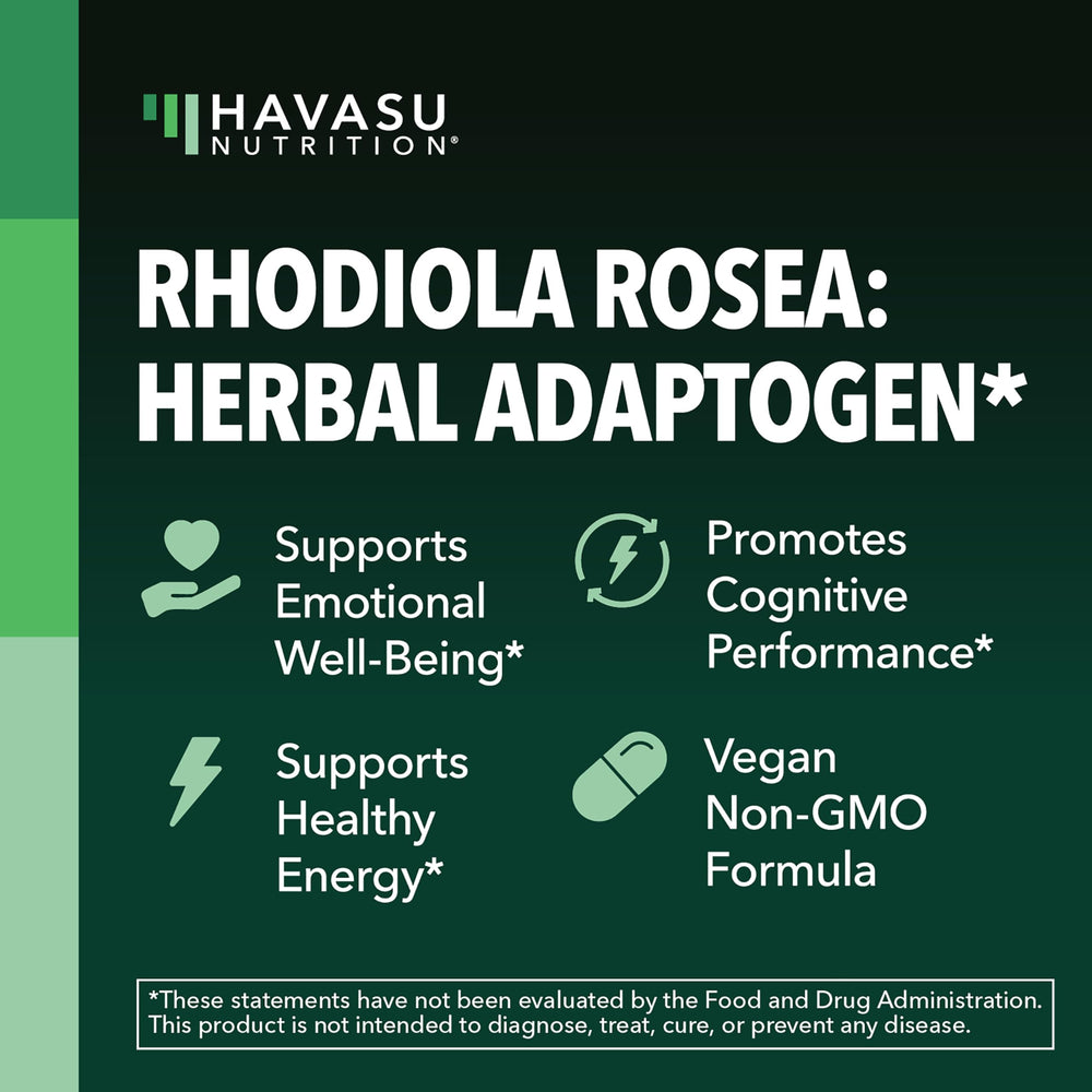 HAVASU Rhodiola Rosea bottle on table showcasing convenient 120-count supply