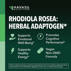 HAVASU Rhodiola Rosea bottle on table showcasing convenient 120-count supply