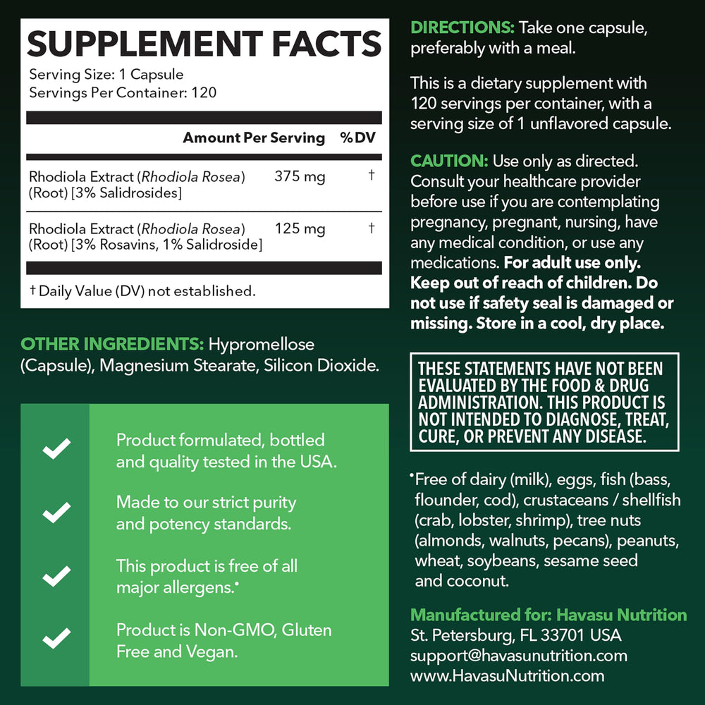 Rhodiola Rosea capsules side view highlighting vegan formulation