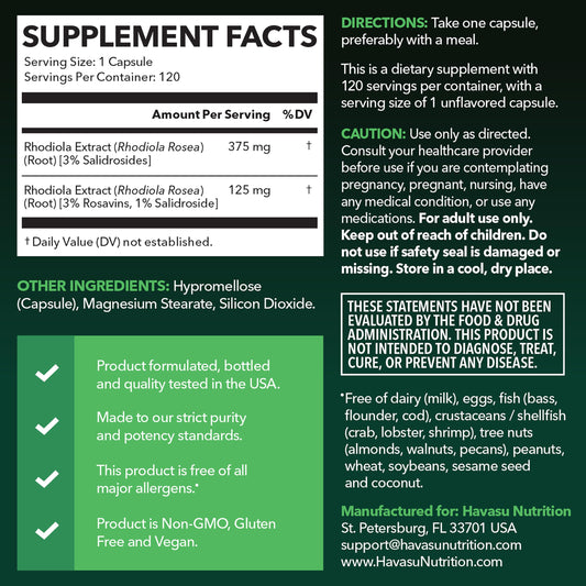 Rhodiola Rosea capsules side view highlighting vegan formulation