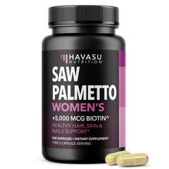 HAVASU NUTRITION Saw Palmetto bottle on countertop for daily hair support.