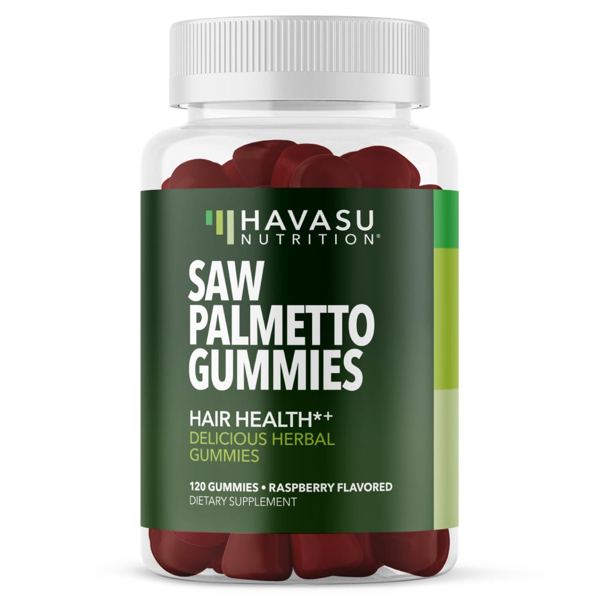 HAVASU Nutrition Saw Palmetto Gummies bottle close up for hair support and prostate wellness