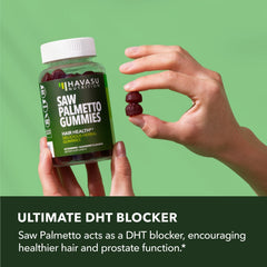 Hands holding HAVASU Saw Palmetto Gummies for easy daily use